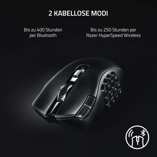 Razer Naga V2 HyperSpeed - Ergonomische Kabellose MMO Gaming Maus (19 Programmierbaren Tasten, Wireless 2,4 GHz, Bluetooth, Bis zu 250 Stunden, Focus Pro 30K Optischer Sensor) Schwarz (RZ01-03600100-R3G1)