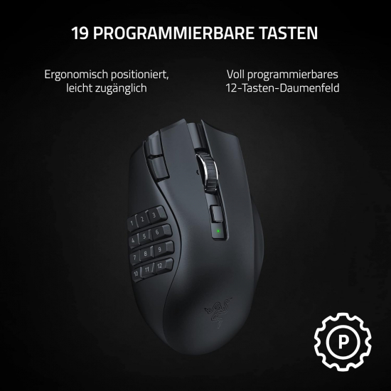 Razer Naga V2 HyperSpeed - Ergonomische Kabellose MMO Gaming Maus (19 Programmierbaren Tasten, Wireless 2,4 GHz, Bluetooth, Bis zu 250 Stunden, Focus Pro 30K Optischer Sensor) Schwarz (RZ01-03600100-R3G1)
