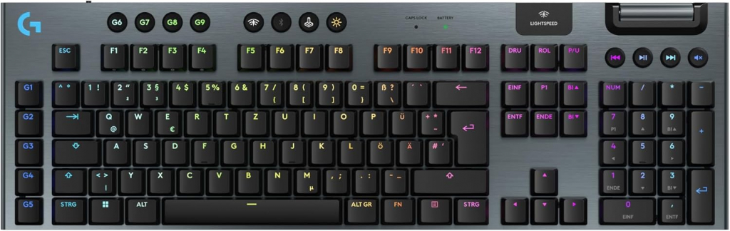 Logitech G G915 X Lightspeed, flache kabellose, mechanische Gaming-Tastatur, Double-Shot-PBT-Tastenkappen, GL Brown-Tactile für PC/Mac, QWERTZ-Layout - Schwarz (920-012671)