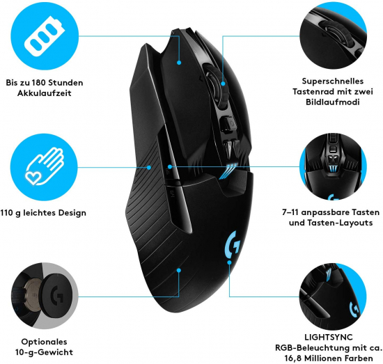 Logitech G903 Wireless Hero Lightspeed Gaming Maus (mit kabelloser Powerplay-Aufladetechnologie) (910-005672)