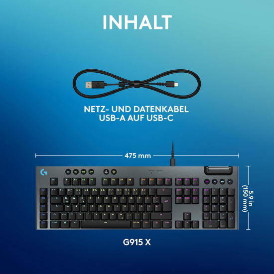 Logitech G G915 X, flache kabelgebundene, mechanische Gaming-Tastatur mit Double-Shot-PBT-Tastenkappen, braune taktile GL-Switches für PC/Mac, QWERTZ-Layout - Schwarz (920-012938)