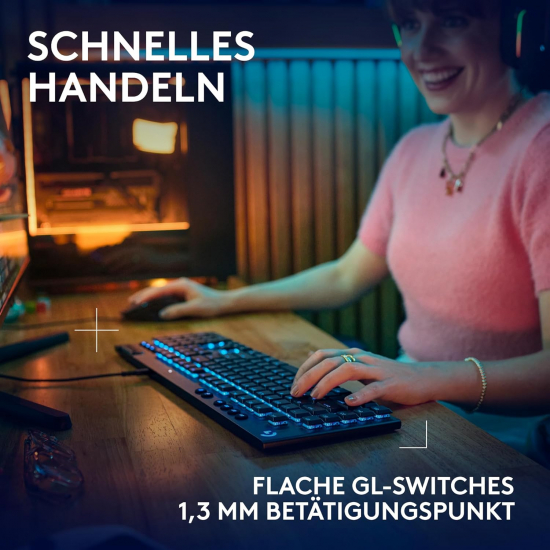 Logitech G G915 X, flache kabelgebundene, mechanische Gaming-Tastatur mit Double-Shot-PBT-Tastenkappen, braune taktile GL-Switches für PC/Mac, QWERTZ-Layout - Schwarz (920-012938)