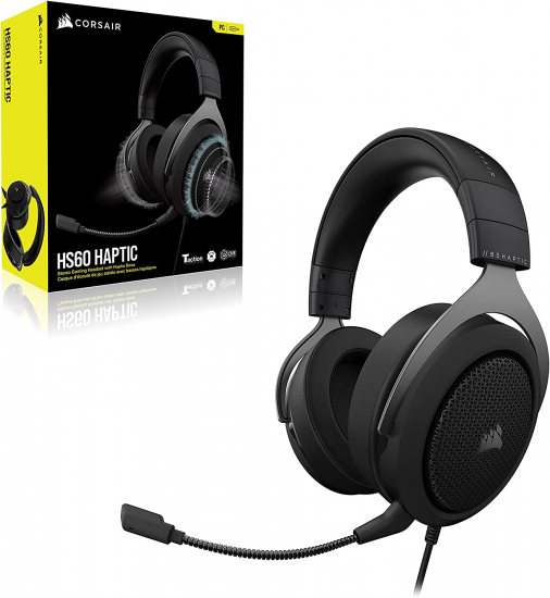 Corsair HS60 HAPTIC Stereo Gaming-Headset mit Haptischem Bass (Ohrmuscheln aus Memory-Schaumstoff, Abgestimmten 50-mm-Neodym-Lautsprechertreiber) (PC) Carbon