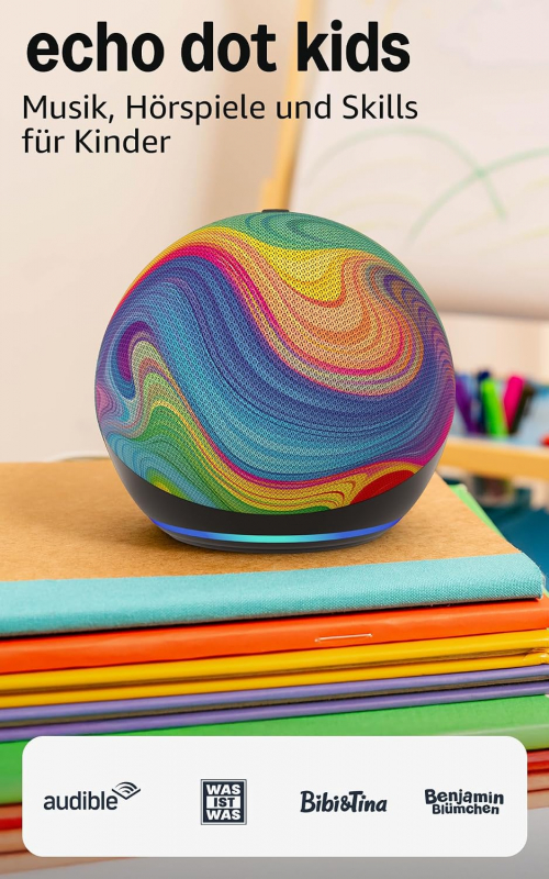 Echo Dot Kids (Neueste Generation) | Smarter WLAN- und Bluetooth-Lautsprecher | 1 Jahr Amazon Kids+ inklusive | Regenbogenwirbel, mit Alexa+ Early Access