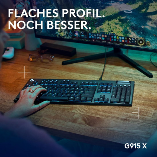 Logitech G G915 X, flache kabelgebundene, mechanische Gaming-Tastatur mit Double-Shot-PBT-Tastenkappen, braune taktile GL-Switches für PC/Mac, QWERTZ-Layout - Schwarz (920-012938)