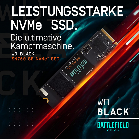 Western Digital WD_BLACK SN750 SE 500 GB NVMe M.2 SSD Battlefield 2042 PC Game Code Bundle, mit Lesegeschwindigkeiten von bis zu 3600 MB/s, Gaming SSD (WDBB9J5000ANC)