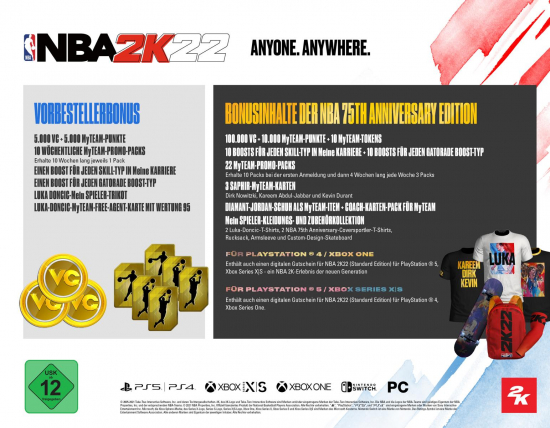 NBA 2K22 75th Anniversary Edition (deutsch) (DE USK) (XBOX Series X) inkl. 100.000 VC + 10.000 MyTeam-Punkte + 10 MyTeam-Tokens