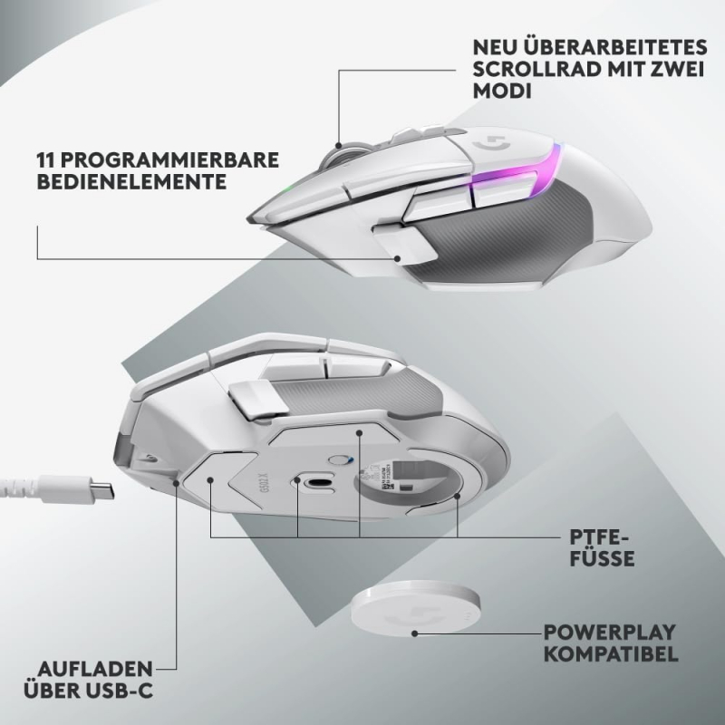 Logitech G502 X PLUS LIGHTSPEED Kabellose RGB-Gaming-Maus - Optische Maus mit LIGHTFORCE Hybridschaltern, LIGHTSYNC RGB, HERO 25K Gaming-Sensor, Kompatibel mit PC - macOS/Windows - Weiß (910-006171)
