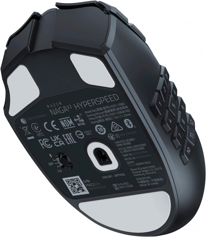 Razer Naga V2 HyperSpeed - Ergonomische Kabellose MMO Gaming Maus (19 Programmierbaren Tasten, Wireless 2,4 GHz, Bluetooth, Bis zu 250 Stunden, Focus Pro 30K Optischer Sensor) Schwarz (RZ01-03600100-R3G1)