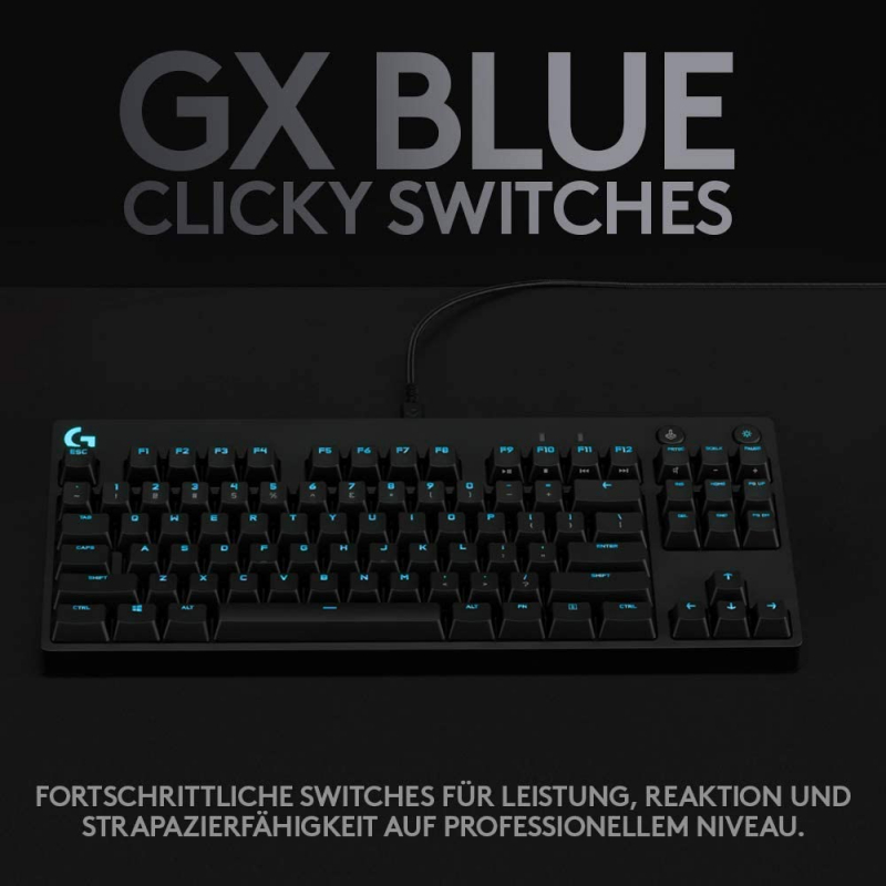 Logitech G PRO TKL mechanische Gaming-Tastatur, GX Blue Clicky Switches, LIGHTSYNC RGB, Design ohne Nummernblock für Esport Gaming, Abnehmbares Mikro-USB-Kabel, Deutsches QWERTZ-Layout - Schwarz (920-009389)