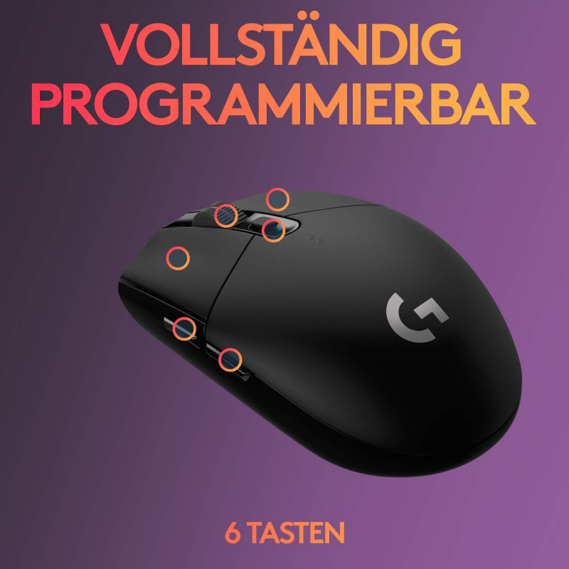 Logitech G305 LIGHTSPEED kabellose Gaming-Maus mit HERO 12K DPI Sensor, Wireless Verbindung, 6 programmierbare Tasten, 250 Stunden Akkulaufzeit, PC/Mac, schwarz (910-005282)