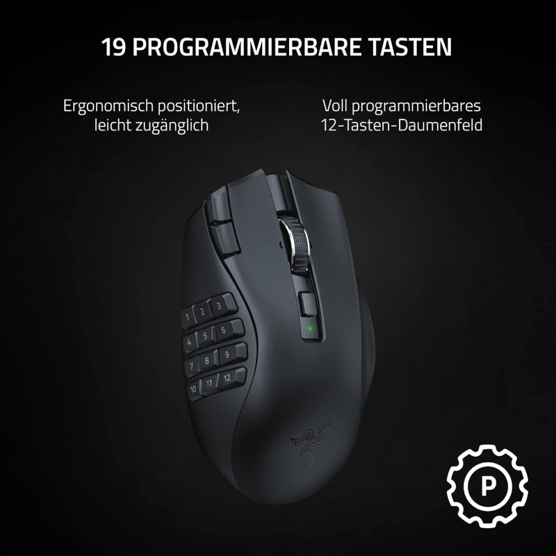 Razer Naga V2 HyperSpeed - Ergonomische Kabellose MMO Gaming Maus (19 Programmierbaren Tasten, Wireless 2,4 GHz, Bluetooth, Bis zu 250 Stunden, Focus Pro 30K Optischer Sensor) Schwarz (RZ01-03600100-R3G1)
