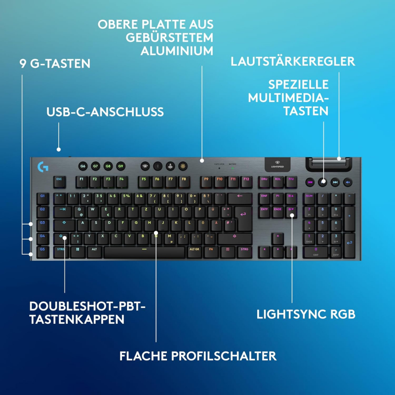 Logitech G G915 X Lightspeed, flache kabellose, mechanische Gaming-Tastatur, Double-Shot-PBT-Tastenkappen, GL Brown-Tactile für PC/Mac, QWERTZ-Layout - Schwarz (920-012671)