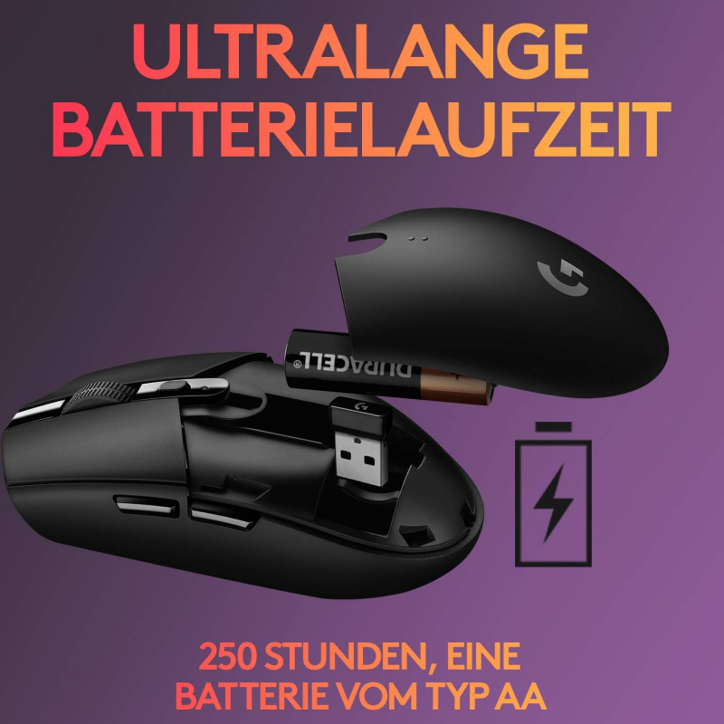 Logitech G305 LIGHTSPEED kabellose Gaming-Maus mit HERO 12K DPI Sensor, Wireless Verbindung, 6 programmierbare Tasten, 250 Stunden Akkulaufzeit, PC/Mac, schwarz (910-005282)