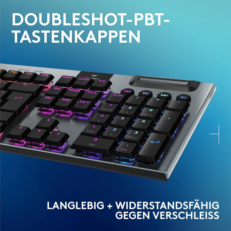 Logitech G G915 X Lightspeed, flache kabellose, mechanische Gaming-Tastatur, Double-Shot-PBT-Tastenkappen, GL Brown-Tactile für PC/Mac, QWERTZ-Layout - Schwarz (920-012671)