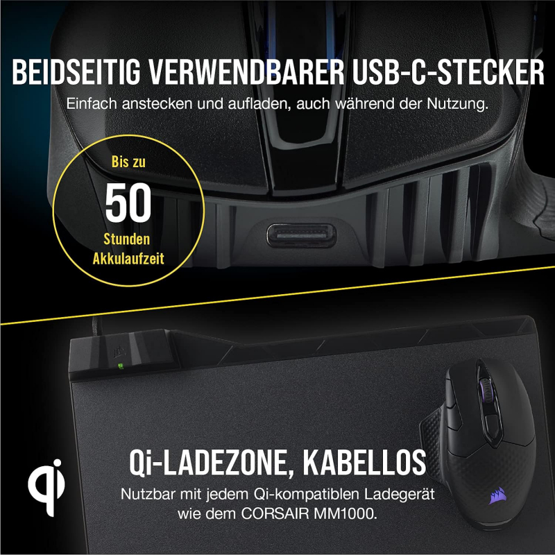 CORSAIR Dark Core RGB Pro SE Wireless FPS/MOBA Gaming Maus Mit Qi Wireless Charging - 18.000 DPI - Sub-1ms - iCUE Kompatibel - PC, Mac, PS5, PS4, Xbox - Schwarz (CH-9315511-EU)
