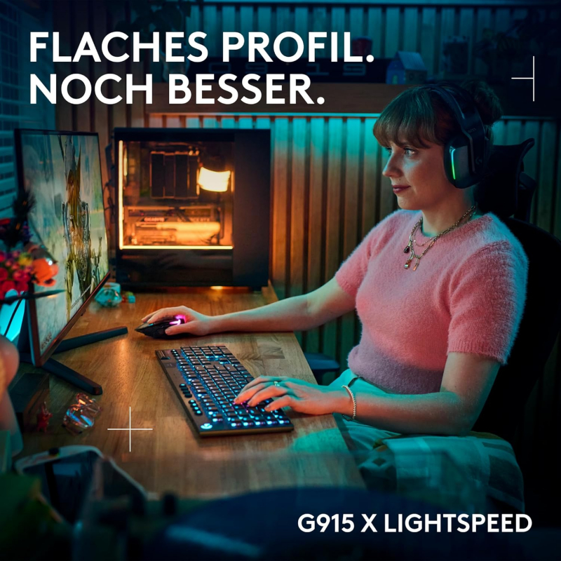 Logitech G G915 X Lightspeed, flache kabellose, mechanische Gaming-Tastatur, Double-Shot-PBT-Tastenkappen, GL Brown-Tactile für PC/Mac, QWERTZ-Layout - Schwarz (920-012671)